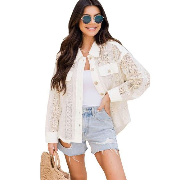 Azura Exchange  Beige Lace See-through Button Collared Shacket - Picture 7 of 15